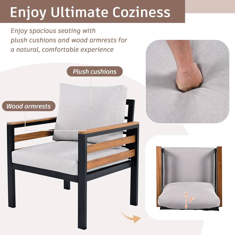 4-Piece Outdoor Iron Cnversation Sofa Set with Solid Wood Coffee Table and Removable Cushion