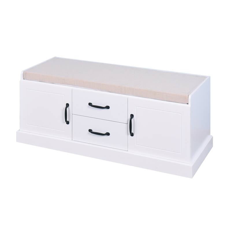 Wooden Entryway Shoe Cabinet with 2 Drawers and 2 Doors Living Room Storage Bench with Cushion
