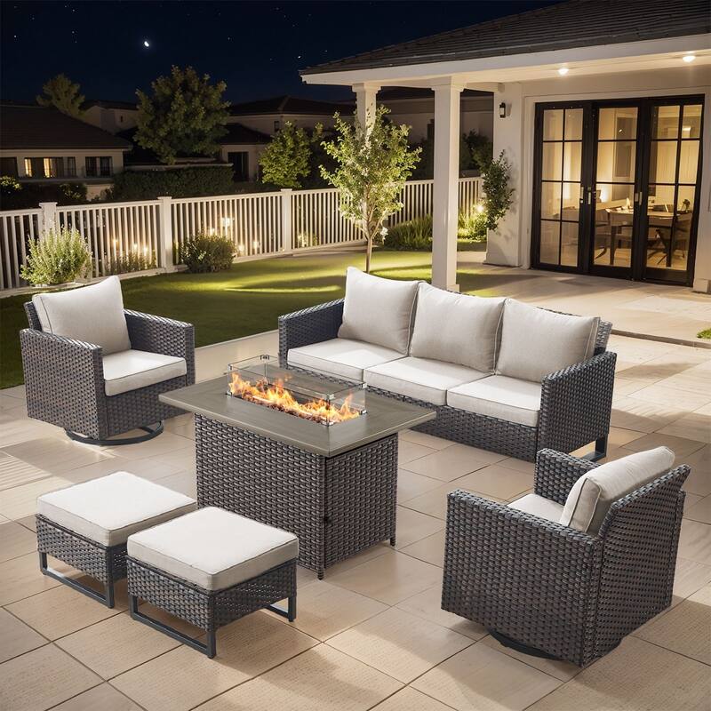 Outdoor Sofa 2 Swivel Chairs Ottomans and Fire Pit Table - Brown - Beige