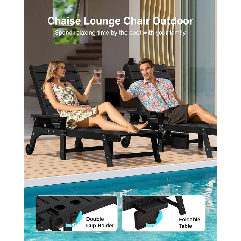 WINSOON HIPS All-Weather Outdoor 5-Position Adjustable Backrest Lounge Chair with Wheels, Cup Holder and Table