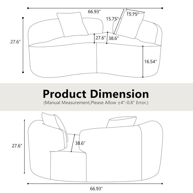 Curved Loveseat Sofa with 2 Pillows, Full Compression Sponge Boneless Floor Couch, Teddy Velvet Upholstered Cloud Couch