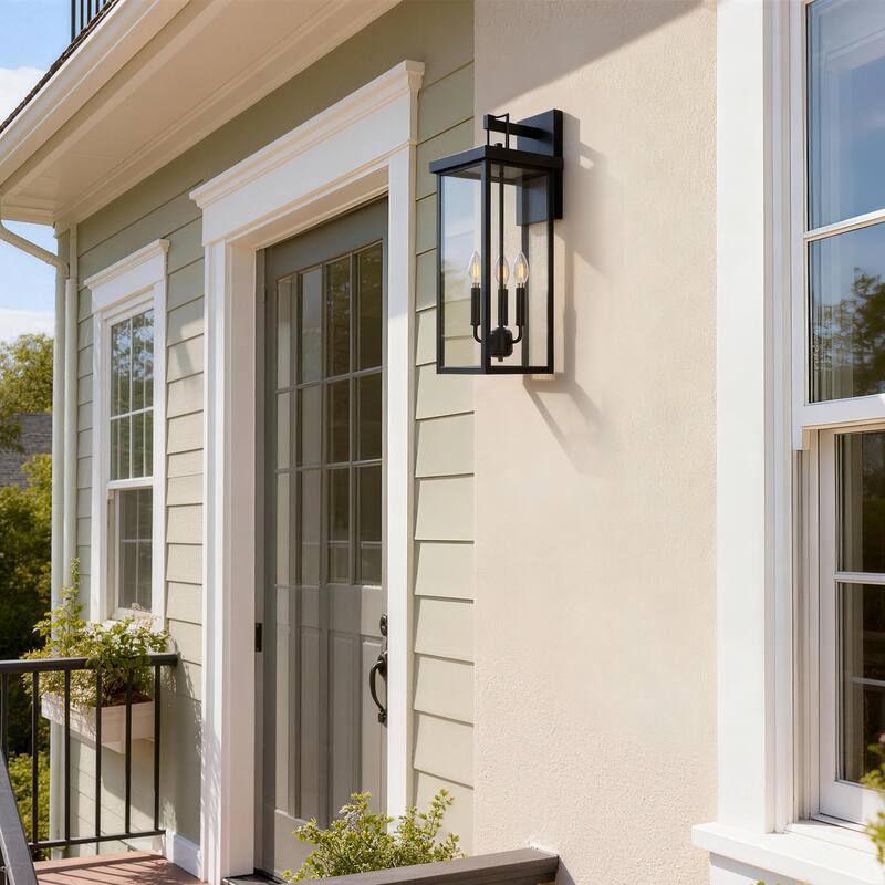 3-light Metal Outdoor Wall Sconce Candle Bulb Lantern - Black - Large