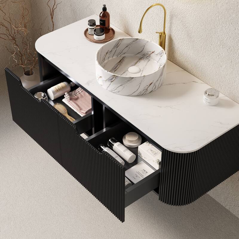 48" Bathroom Vanity with Sink, Wall-Mounted Bathroom Storage Cabinet with 2 Drawers, Round Ceramic Basin with Stone Pattern