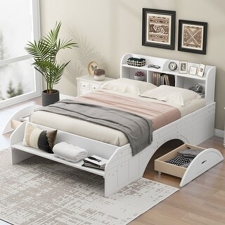 Wood Twin/Full Size Platform Bed with 2 Drawers and Bookcase Headboard ...
