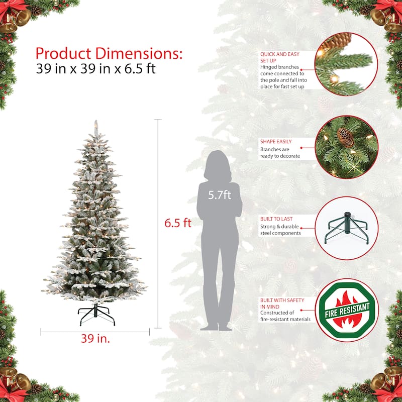 Puleo International 6.5' Pre-Lit Slim Flocked Aspen Fir Artificial Christmas Tree