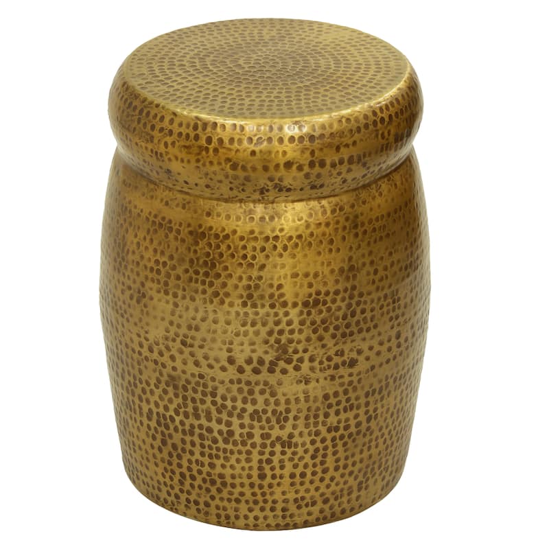 Kvira Round Drum Side End Table Artisan Hammered Embossed Texture Antique Gold Brass Finish