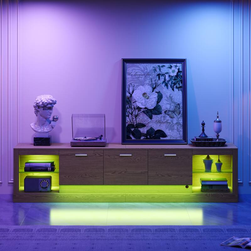 Modern LED TV Stand, for TVs up to 90'' with 6 Cabinets& 2 Open Compartments, for Living Room, Bedroom