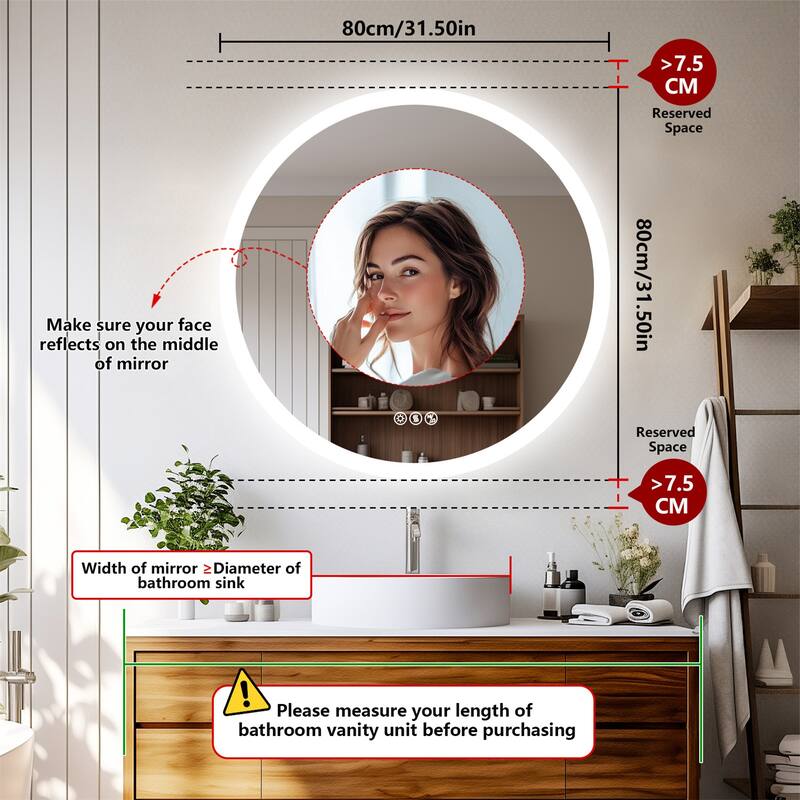 32" Round Wall Illuminated Bathroom Mirror with Lights Bluetooth Speaker Dimmable Defogging - 31.50” x 31.50”