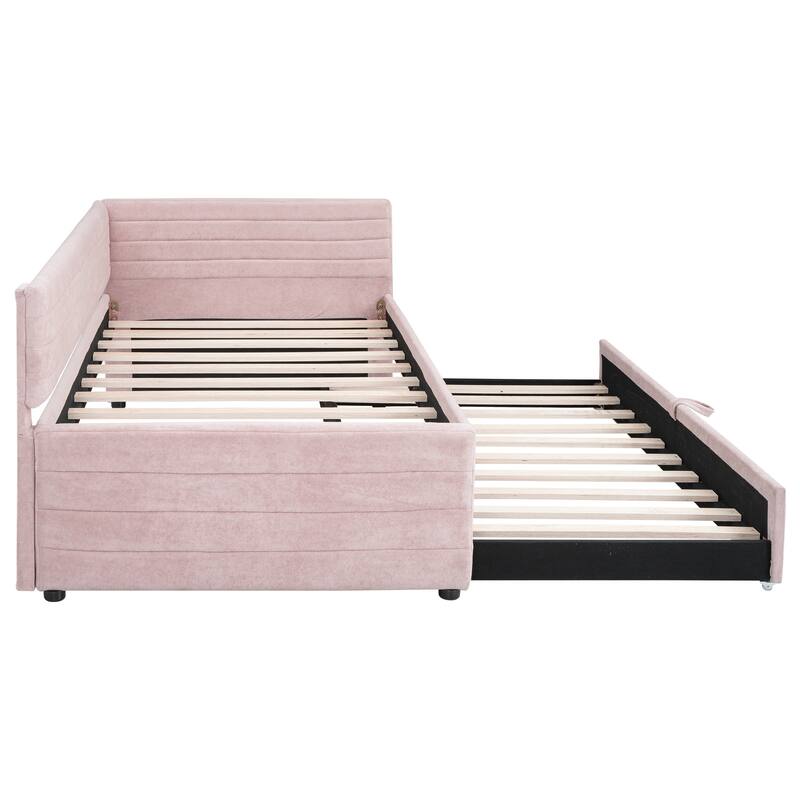 Twin Size Upholstered Daybed with Roll-Out Trundle, Space-Saving Wooden Frame, No Box Spring Needed