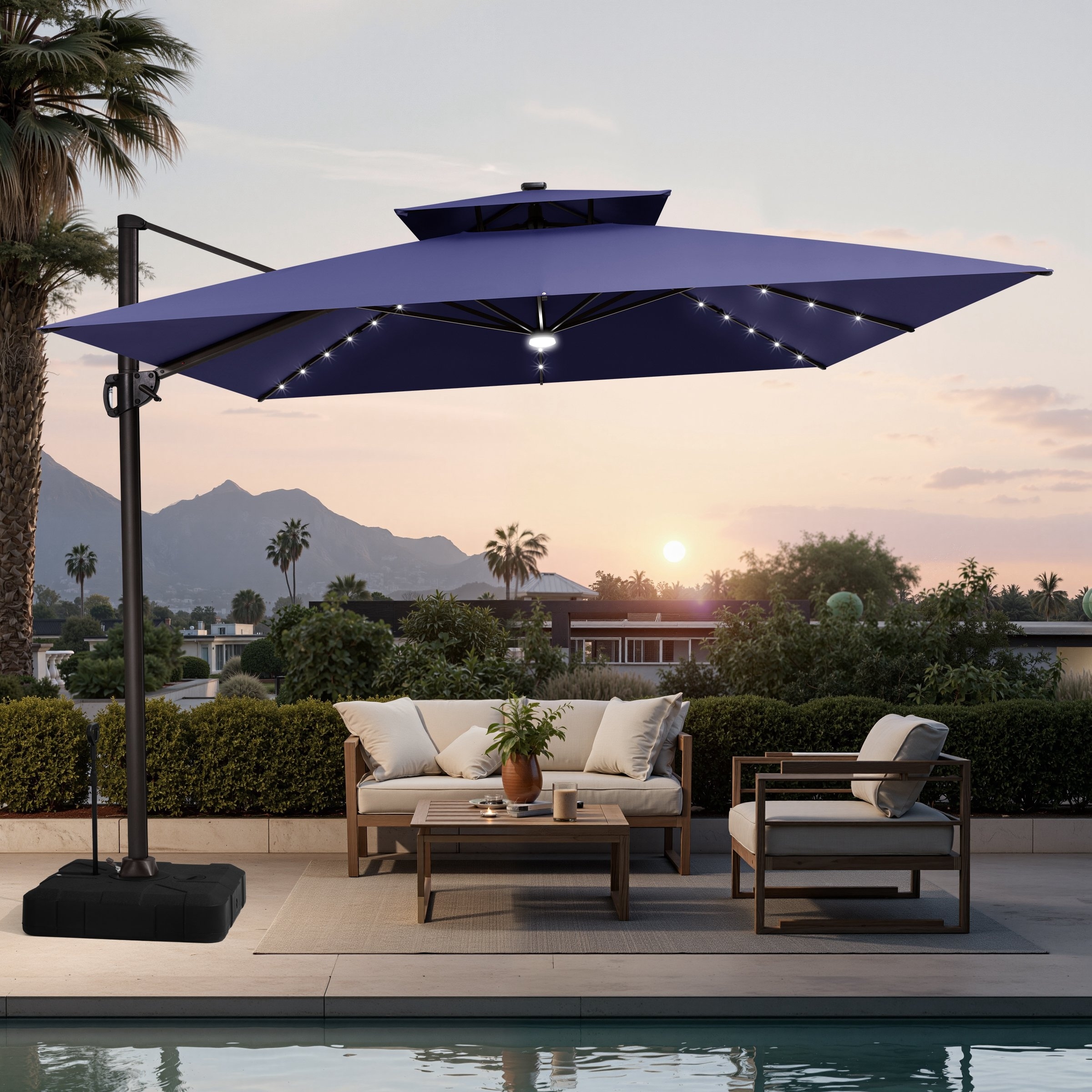 11 FT Outdoor Square Solar-powered LED Double Top Patio Cantilever Offset Umbrella and Base with Wheels and Drag Rod