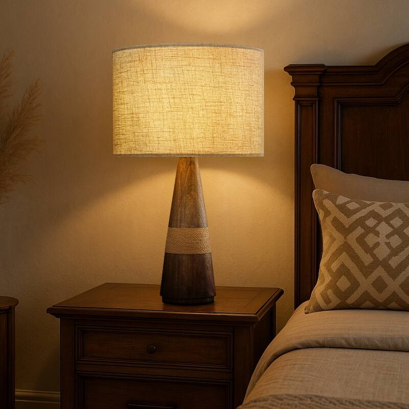 28'' Farmhouse Honey Brown Wood Bedside Table Lamp Classic Dome Beige Fabric Shape Nightstand Lamp for Bedroom, Living Room