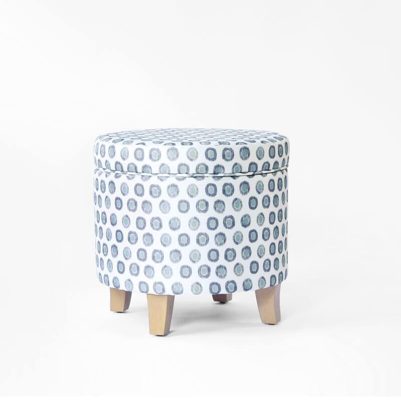 Loni Round Storage Ottoman, 19 Inch Blue Green Ikat Print, Brown