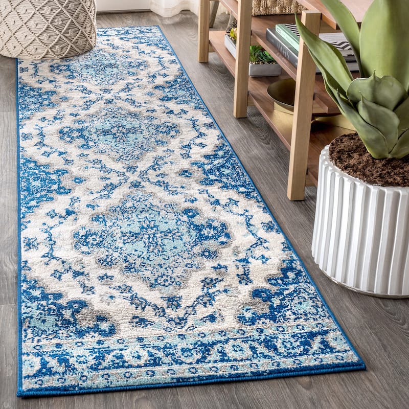JONATHAN Y Inigo FLAIR Boho Vintage Medallion Area Rug - 2 X 10 - Cream/Blue
