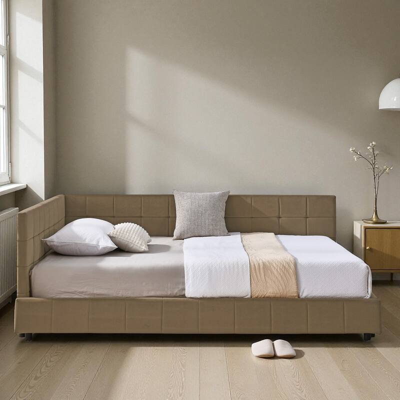 Full Size Velvet Upholstered Tufted Daybed Frame with Backrest and Armrest, Mid-Century Sofa Bed for Bedroom or Living Room