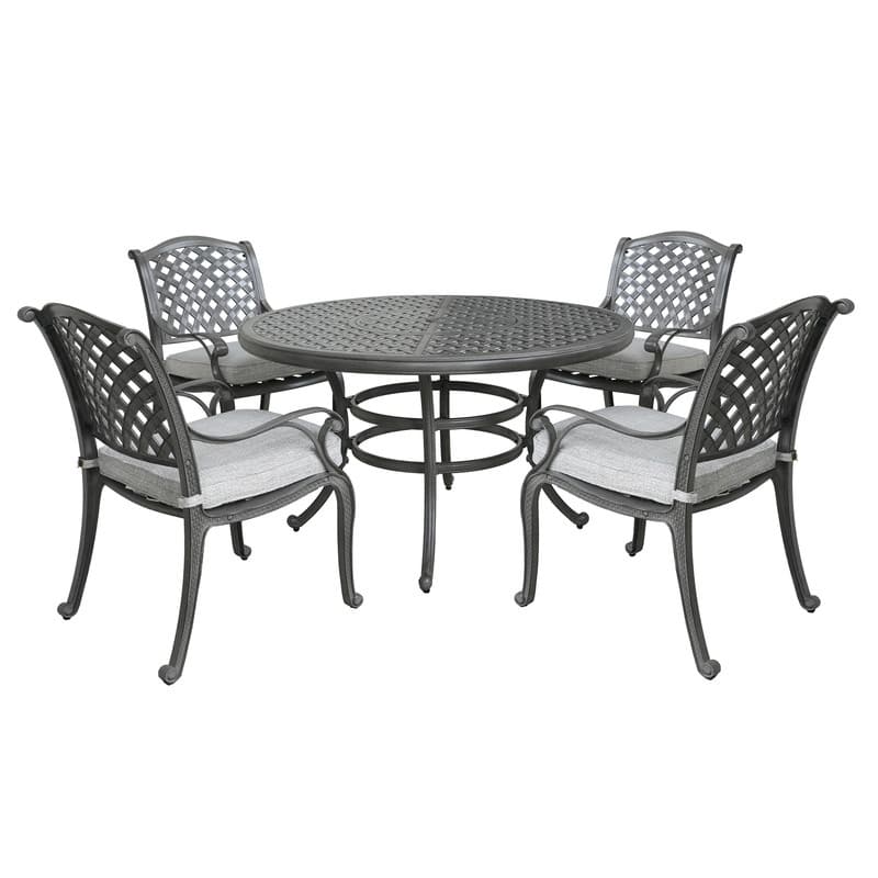 Ventura Cast Aluminum 5 Piece Round Dining Set with 4 Arm Chairs - Heritage Grey/Golden Gauze
