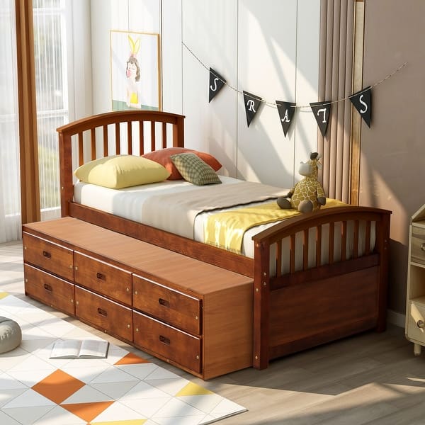 slide 2 of 42, Twin Size Platform Storage Bed Solid Wood Bed with 6 Drawers Walnut