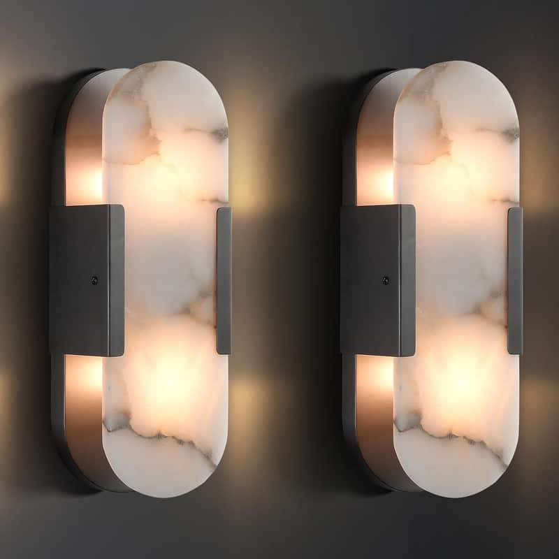KAYLA 13.8 in. 2-Lights Gold Modern Vanity Light with Luxury Marble Shade(Set of 2) - Black