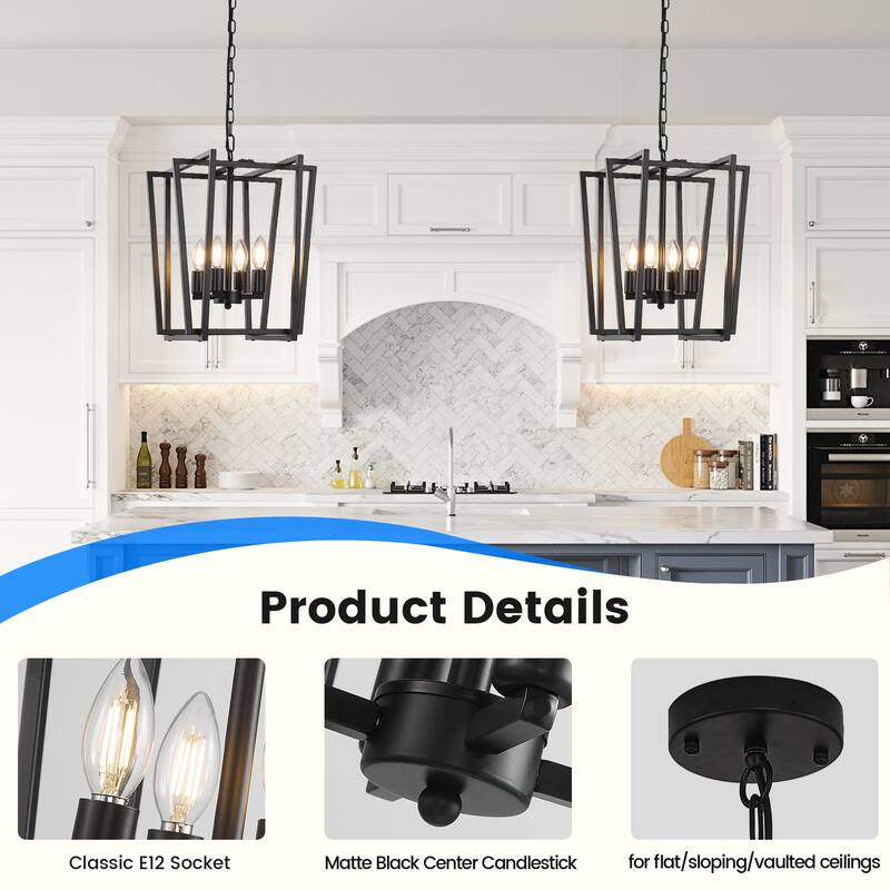 12-Inch Modern Chandelier, 4 Light Lantern Chandeliers Geometric Square Dining Room Lighting Fixtures for Kitchen Islands - N/A