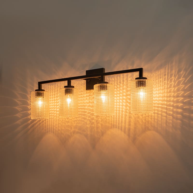 3/4-Light Modern Black Wall Sconce Bathroom Vanity Light with Grid Glass Shades