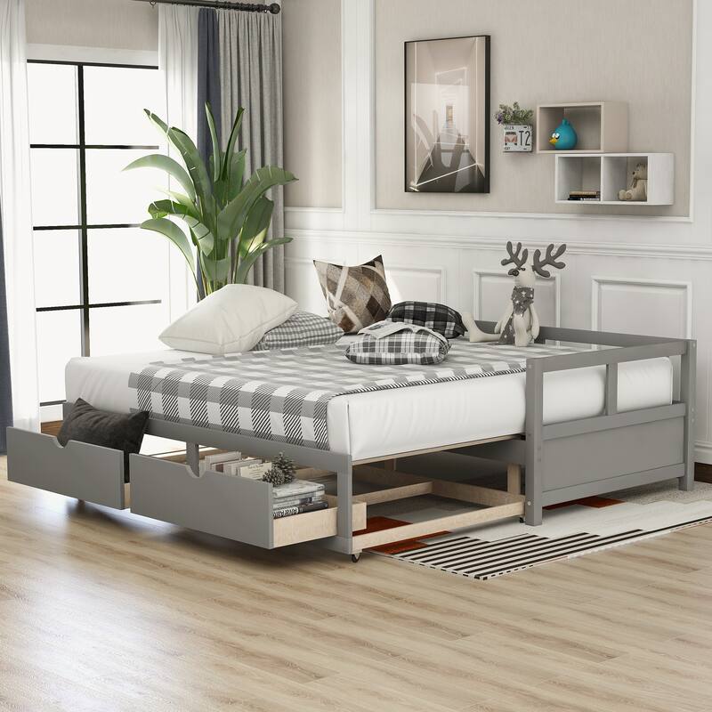 Pine Wood Daybed with Pull-Out Trundle and Two Storage Drawers, Twin to King