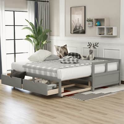 Wooden Extendable Daybed with Trundle Bed and 2 Storage Drawers