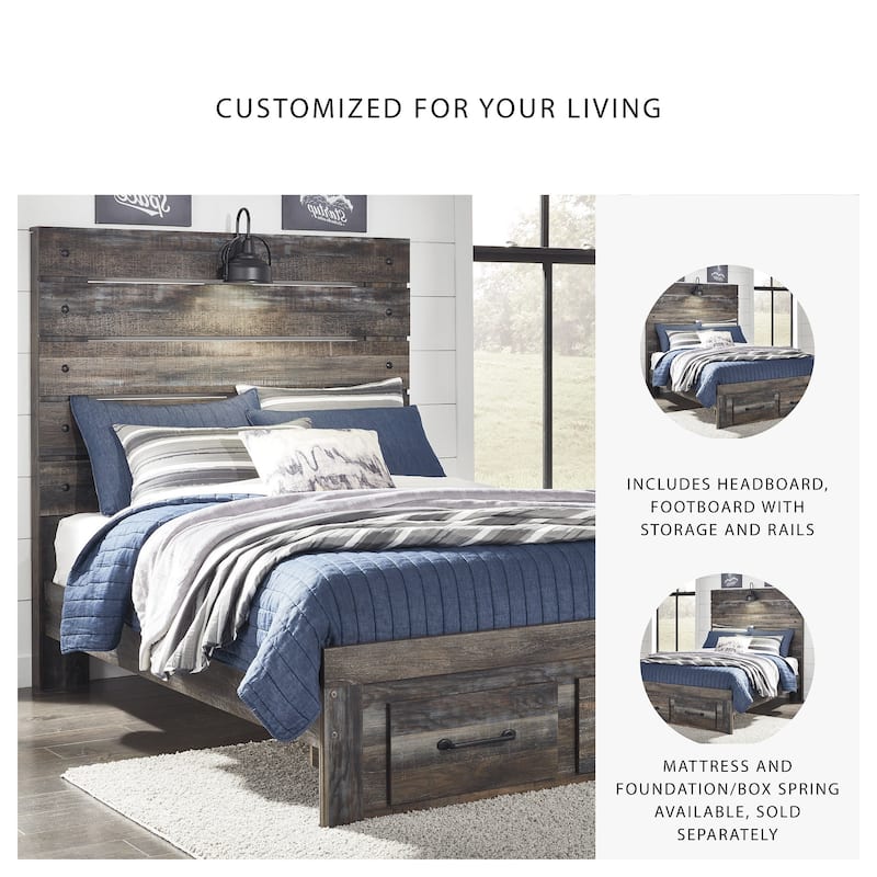 Drystan Rustic Brown Panel Bed with Footboard Storage Drawers