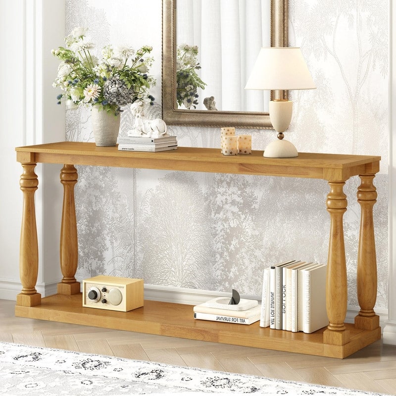 Vintage 63" Long Console Table with Bottom Shelf and Solid Wood Legs for Entryway and Hallway Decor - Natural