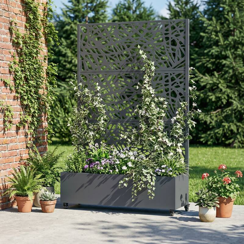 Metal Galvanized Planter Box with Trellis Privacy Screen Lockable Wheels