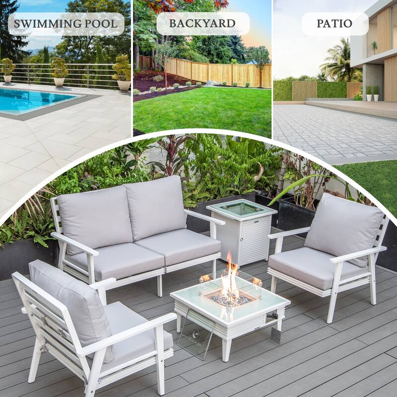 Walbrooke Polyester Upholstered Aluminum Powder Coated Outdoor Patio Furniture Set with Fire Pit Table