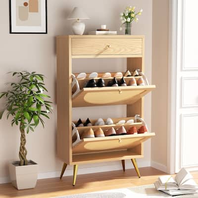 Futzca Shoe Cabinet Rattan, Shoe Storage Cabinet with 2 Flip Drawers