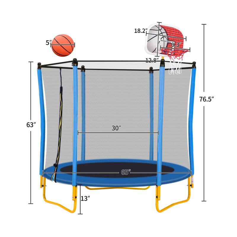 5.5FT Trampoline For Kids 65" Toddler Trampoline With Safety Enclosure Net Basketball Hoop Ball For Indoor Outdoor