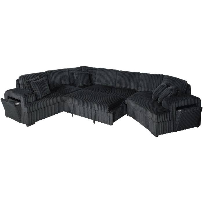 Modern Right Facing Half U-Shaped Pull Out Sectional Sofa with Storage Armrest, USB Port and Pillows
