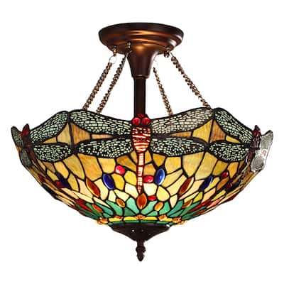 Tiffany-Style Dragonfly Design 2-light Dark Bronze Semi-Flush Mount