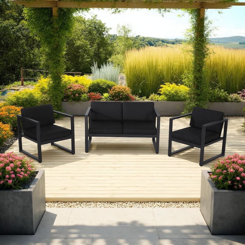 Novi 3pc Outdoor Set, 1 Loveseat, 2 Accent Chairs, Dark Gray Fabric, Metal