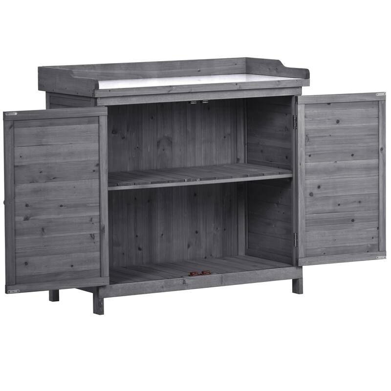 39" Potting Bench Table, Rustic Wood Workstation Storage Cabinet Garden Shed with 2-Tier Shelves and Side Hook