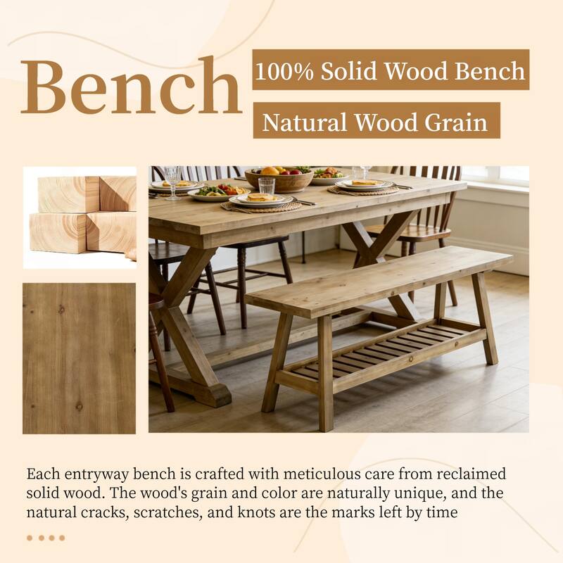 43" Farmhouse Wood Bench, 2-Tier Entryway Bench, Narrow Rustic Storage Bench with Open Storage Shelf for Entryway, Hallway