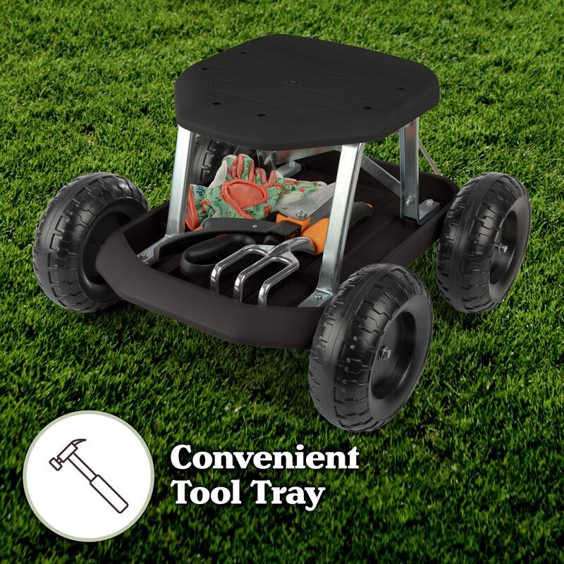 Gardening Stool - Rolling Garden Seat with Wheels and Storage Tool Tray by Pure Garden