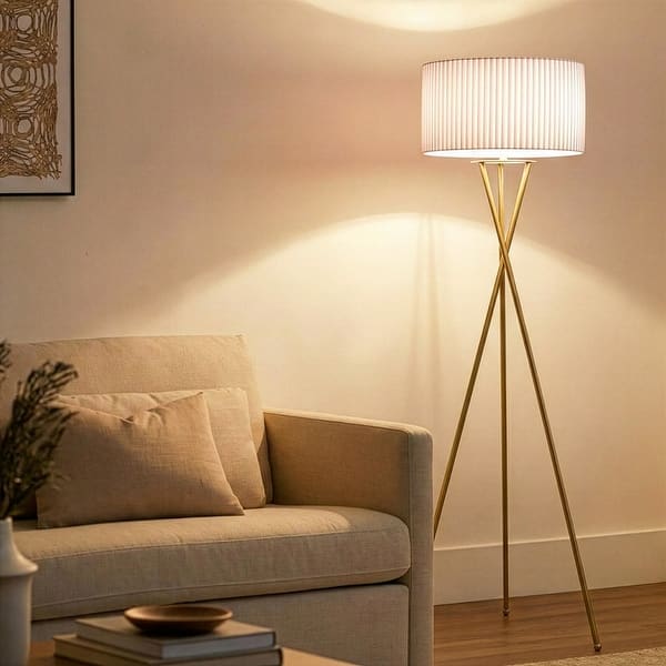 slide 2 of 13, Brightech Jaxon 60 in. Antique Brass Tripod Super Bright LED Midcentury Modern Floor Lamp with White Fabric Drum Shade