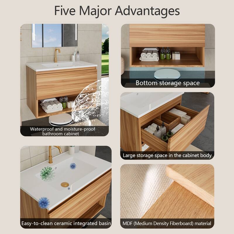 30 Inch Bathroom Vanity Cabinet With Ceramic Sink - Walnut Wall Mounted Floating Fluted Vanity With Drawers