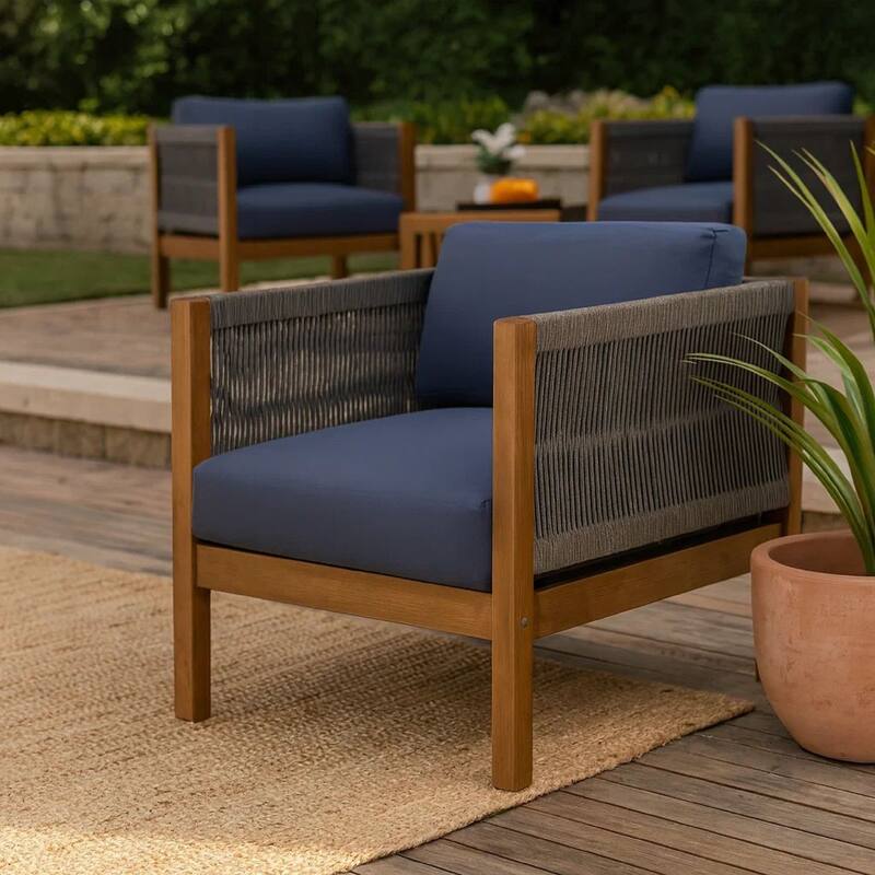 Club Lounge Chair, Woven Rattan Rope, Brown Acacia Wood, Gray Fabric