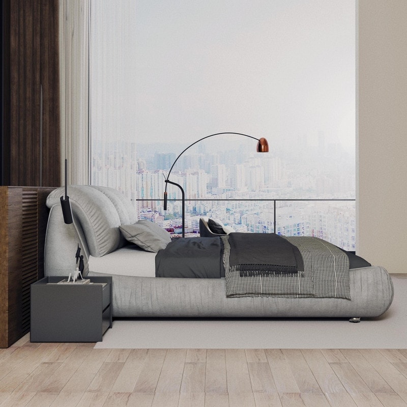 Queen/King Size Upholstered Platform Bed with Oversized Padded Backrest, Modern Bed Frame with Thickening Pinewooden Slats