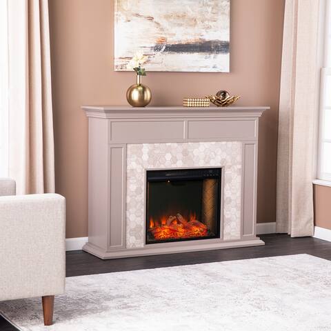 SEI Furniture Leighton Marble Tiled Smart Fireplace - Gray