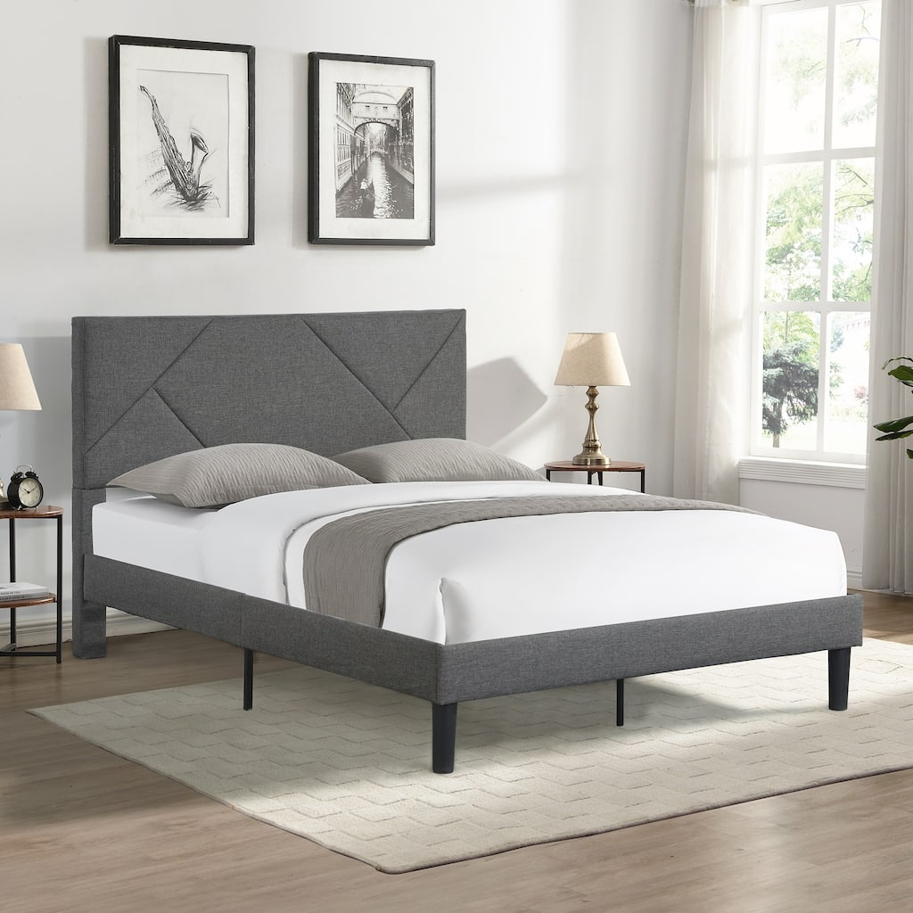 Upholstered Platform Bed Frame with Headboard and Strong Wood Slat Support