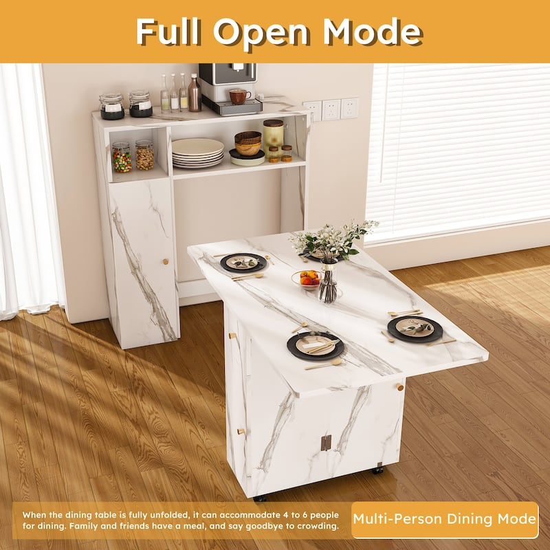 Anmytek Folding Marble Dining Table with Storage & Power Outlet, Convertible Desk for Small Space Kitchen Living Room