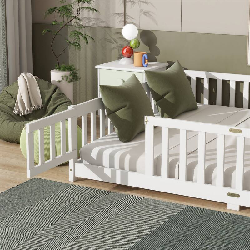 Twin/Full/Queen Size Floor Bed with Fence Guardrails and Door, Rubber Wood Toddler Bed Montessori Bed with Slats Support