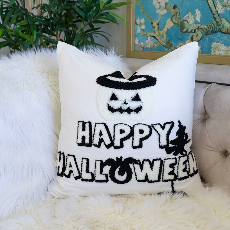 Happy Halloween Cotton 20"x20" Black Square Decorative Throw Pillow with Insert