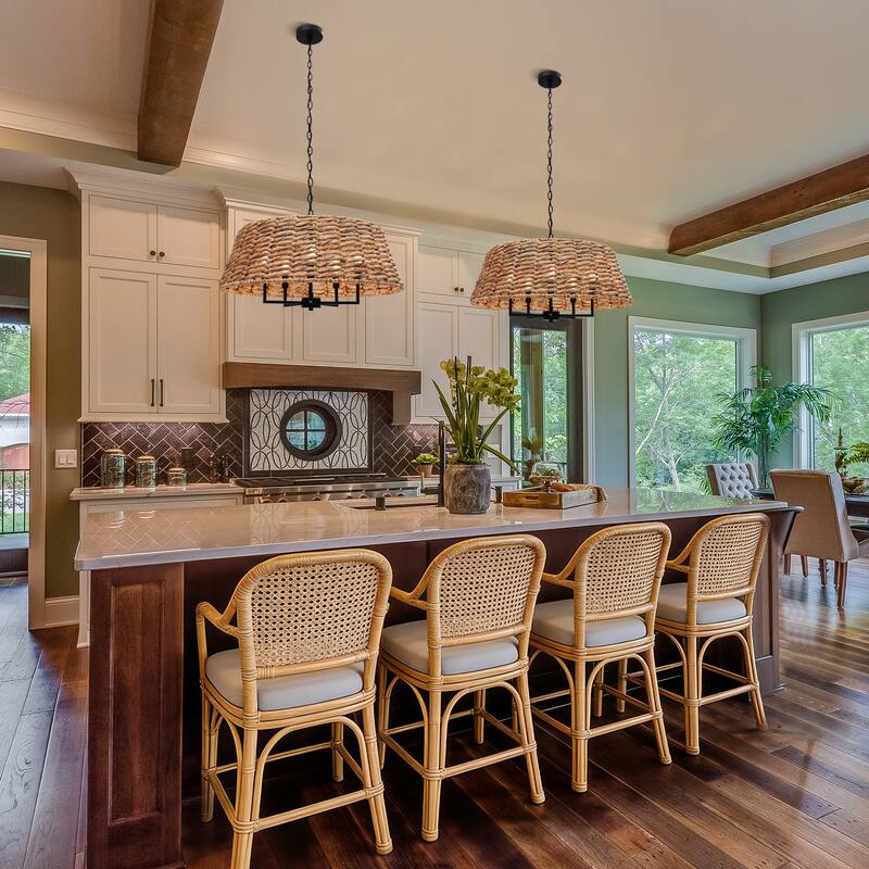 Farmhouse 5-Light Rattan Drum Chandelier Coastal Pendant for Kitchen Island Dining Room - 26" W x 13" H