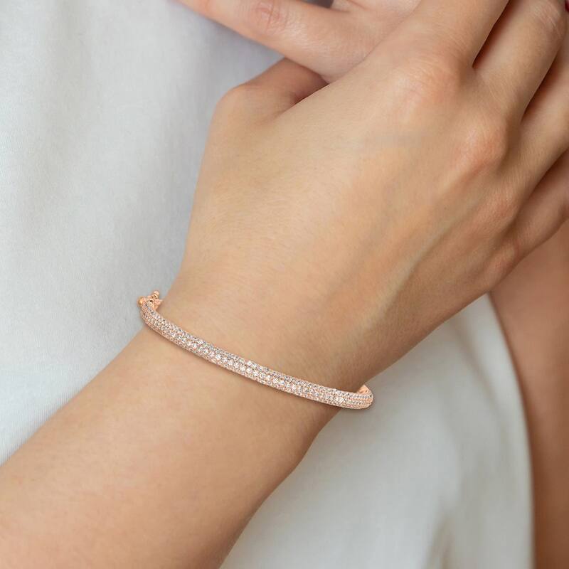 Curata 925 Sterling Silver Polished Prong set Pink Plated With CZ Cubic Zirconia Simulated Diamond Hinged Cuff Stackable Bangle