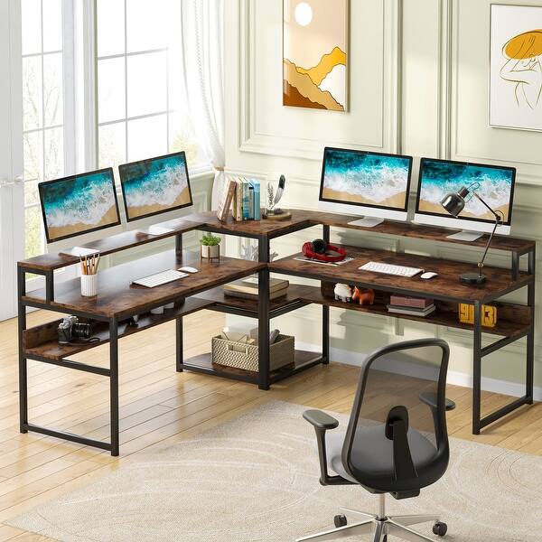Large LShaped Computer Desk with Storage Shelves and Monitor Riser