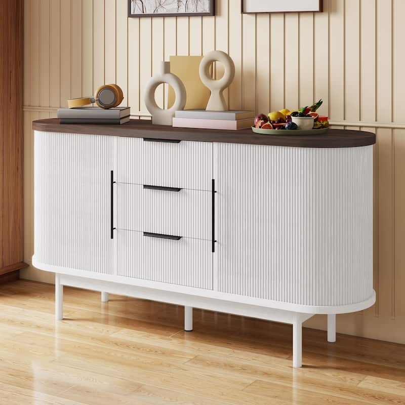 Moasis Mid-Century Modern Fluted Sideboard Buffet Cabinet with Sliding Doors and Drawers - White